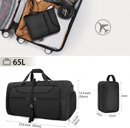 Geantă de voiaj Lubardy, impermeabilă, pliabilă, capacitate mare de 65L, neagră [5]