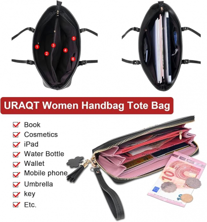 Geantă elegantă de umăr pentru femei URAQT, din piele PU, negru [4]