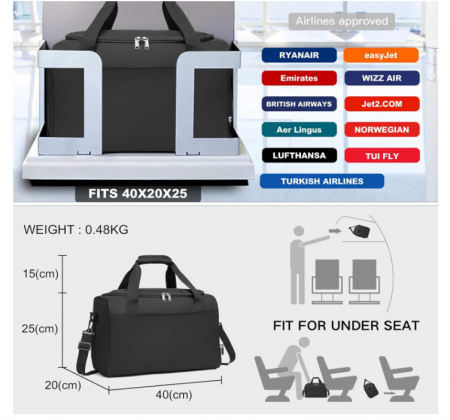 Geanta pentru calatorie, Bagaj de mână Kono 20L, 40x20x25, Negru [3]