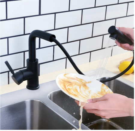 Hapilife Baterie de bucătărie cu cap de duș extensibil, neagră, pivotant 360° [5]