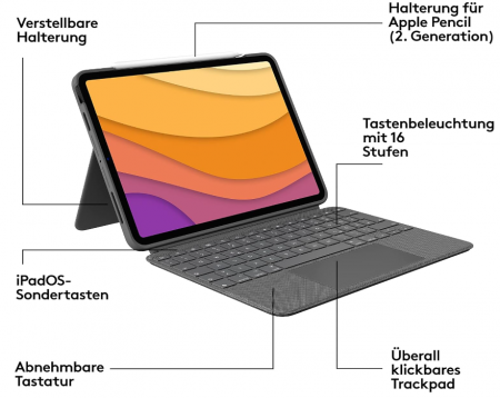 Husă cu tastatură Logitech Combo Touch iPad Air (a 4-1, a 5-1 gen - 2020, 2022), aspect german QWERTZ, gri [10]