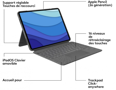Husa cu tastatura Logitech Combo Touch pentru iPad Pro 12,9 inchi (a 5-a, a 6-a gen: 2021, 2022), AZERTY franceză, Gri [10]