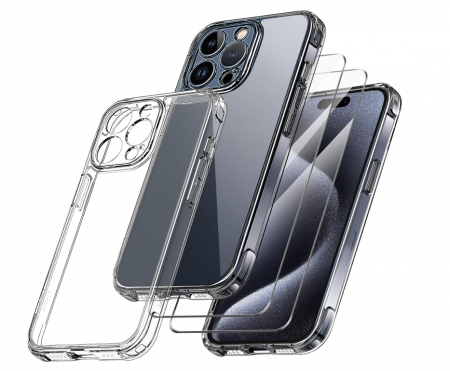 Telefoane Mobile & accesorii - Husă Qasyfanc pentru iPhone 15 Pro + 2 folii protectie sticlă securizată, transparent