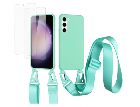 Laptop, Tablete & Telefoane - Husă Vrupin cu curea umar pentru Samsung Galaxy S23+ si 2 folii ecran din sticlă securizată, verde deschis