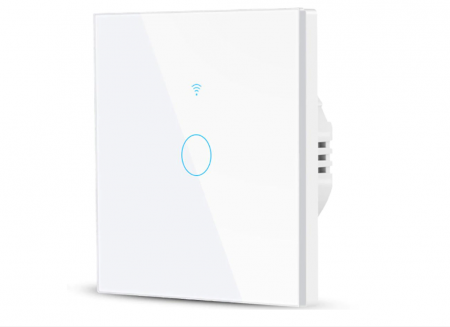 Produse complementare iluminat - Intrerupator inteligent cu touch Rovo FN1C, Wi-Fi, fara nul, 1 canal, 10A, RF 433MHz, sticla securizata, Tuya, Life Smart, compatibil Amazon Alexa/Google Assistant, Alb