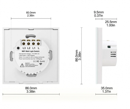 Intrerupator inteligent cu touch Rovo FN1C, Wi-Fi, fara nul, 1 canal, 10A, RF 433MHz, sticla securizata, Tuya, Life Smart, compatibil Amazon Alexa/Google Assistant, Alb [6]