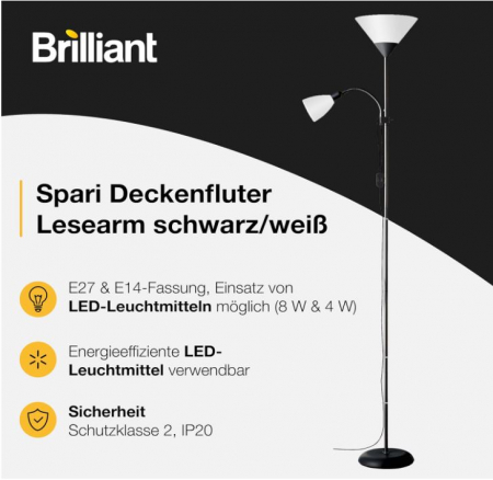 Lampa de podea Brilliant Spari, cu brat de citire, 60W, E27, negru/alb [4]