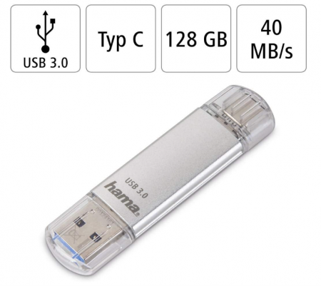 Memorie USB 128 GB Hama cu USB 3.0 & USB 3.1 de tip C, argintiu [1]