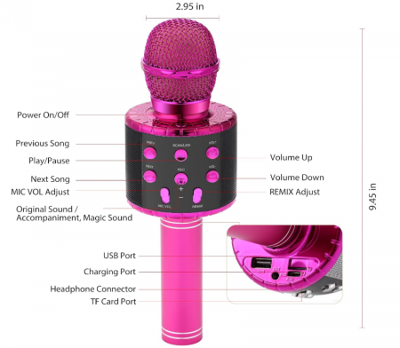 Microfon fara fir pentru karaoke Fede pentru copii, roz [6]
