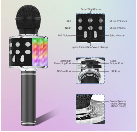Microfon wireless Karaoke Ankuka, pentru copii cu lumini LED, negru [6]