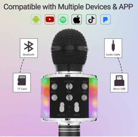 Microfon wireless Karaoke Ankuka, pentru copii cu lumini LED, negru [4]