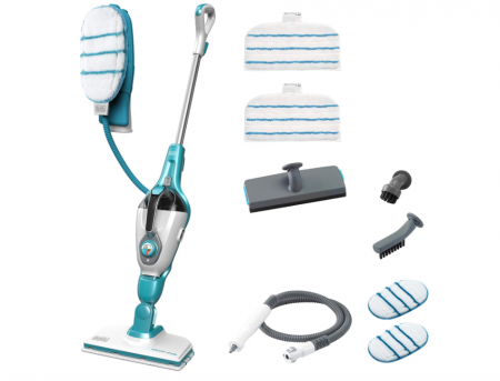 Aparate de curatat cu aburi si mopuri electrice - Mop cu aburi BLACK+DECKER și mănușă STEAMITT, 8 accesorii, Multifuncțional, 1300W, FSMH1351SM-QS