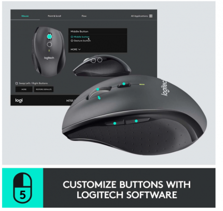 Mouse fără fir Logitech M705 Marathon, receptor USB unificator de 2,4 GHz, 1000 DPI, gri [4]