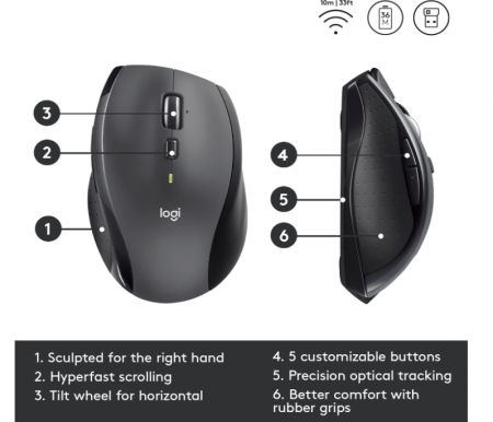 Mouse fără fir Logitech M705 Marathon, receptor USB unificator de 2,4 GHz, 1000 DPI, gri [6]