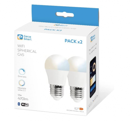 Pachet 2 Becuri LED Garza Smart Wifi Smart, 5,5 W (echivalent cu 40 W incandescență), E27, CCT, Control prin voce și aplicație, 2,4GHz [1]