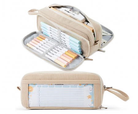 Rechizite si papetarie pentru copii - Penar pentru scoala KALIDI, 3 compartimente, velur bej