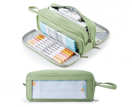 Rechizite si papetarie pentru copii - Penar pentru scoala KALIDI, 3 compartimente, verde