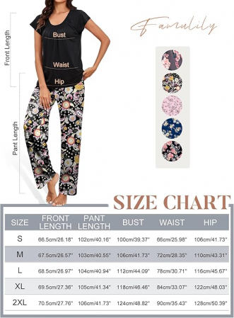 Pijama pentru femei Famulily, pantaloni lungi, tricou cu maneca scurta, model floral, M [5]