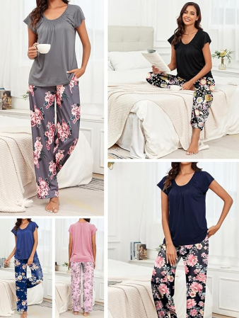 Pijama pentru femei Famulily, pantaloni lungi, tricou cu maneca scurta, model floral, M [4]
