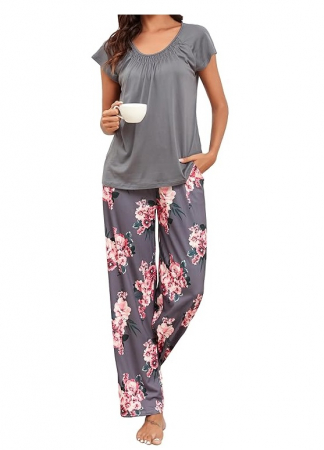Fashion - Pijama pentru femei Famulily, pantaloni lungi, tricou cu maneca scurta, model floral, M