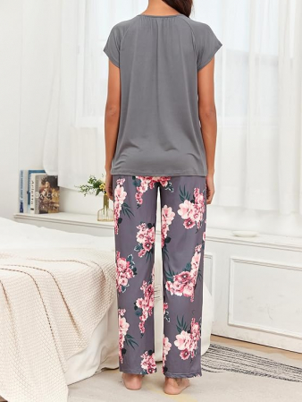 Pijama pentru femei Famulily, pantaloni lungi, tricou cu maneca scurta, model floral, M [3]