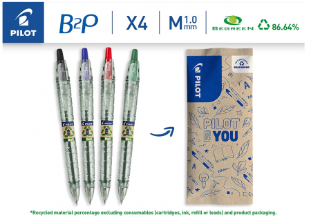 Pilot Set 4 pixuri cu bila reincarcabil B2P Ecoball 1.0, Negru, Albastru, Roșu, Verde [1]