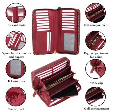 Portofel dama de piele Lavalen, protectie RFID, rosu, 20 x 11 x 4 cm [8]