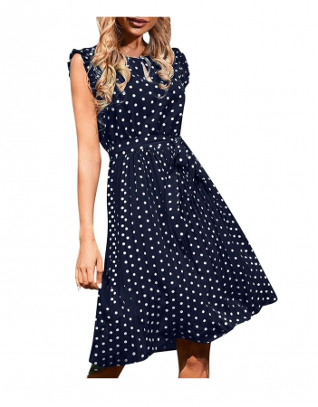 Rochie midi de vara pentru femei IQYU, fara maneci, stil boho, cu buline, bleumarin, L [0]