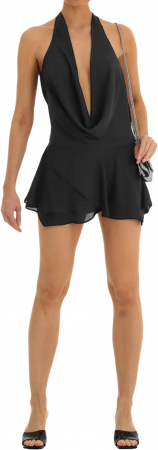 Rochie scurtă de vară Loalirando pentru femei, decolteu în V, negru, S [2]