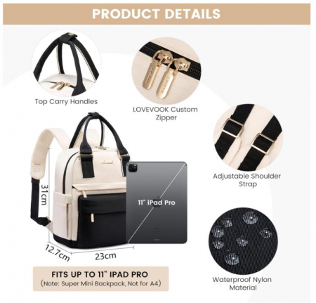 Rucasc mic pentru femei Lovevook, impermeabil, negru/bej [4]