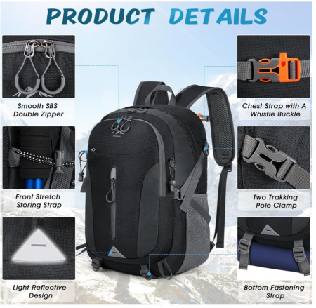 Rucsac de drumetie RAINSMORE, impermeabil, 40L, unisex, negru [5]