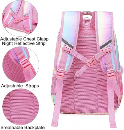 Rucsac de scoala pentru fete Meisohua, cu penar, imprimeu curcubeu cu sclipici [9]