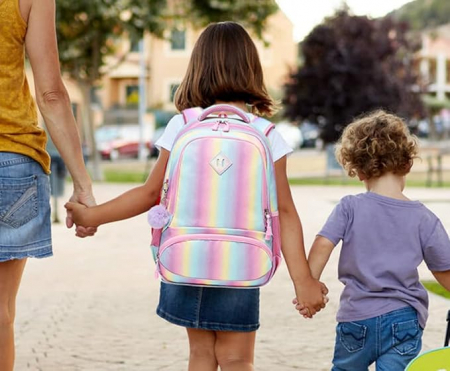 Rucsac de scoala pentru fete Meisohua, cu penar, imprimeu curcubeu cu sclipici [10]