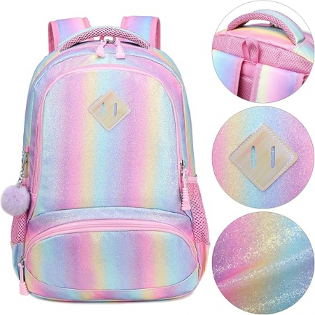 Rucsac de scoala pentru fete Meisohua, cu penar, imprimeu curcubeu cu sclipici [8]
