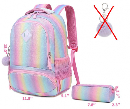 Rucsac de scoala pentru fete Meisohua, cu penar, imprimeu curcubeu cu sclipici [5]