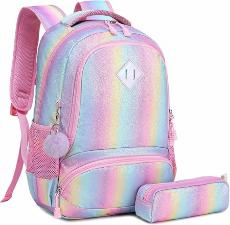 TOATE PRODUSELE - Rucsac de scoala pentru fete Meisohua, cu penar, imprimeu curcubeu cu sclipici