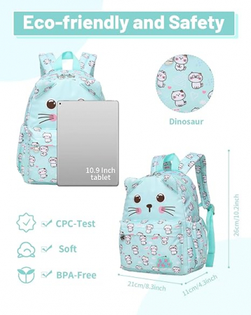 Rucsac pentru gradinita Tanou, pentru copii de 2-5 ani, verde, model pisici [3]