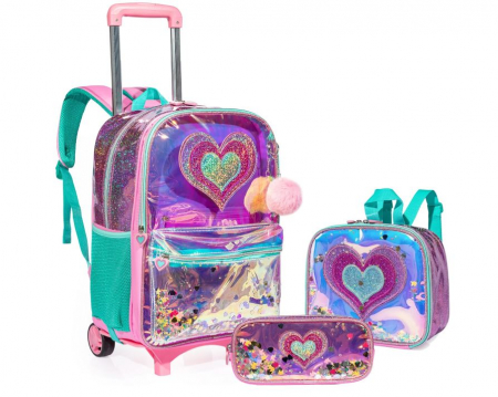 Rechizite si papetarie pentru copii - Rucsac pentru scoala tip troler HTgroce, roz, 42 x 30 x 20 cm