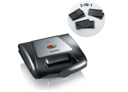 Preparat paine - Sandwich-maker Severin SA 2968, funcție 3 în 1 (sandwich, grătar, vafe) 1000W, Negru