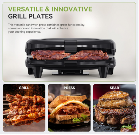 Sandwich-maker Snailar cu plăci de grătar antiaderente, 750 W, negru [6]