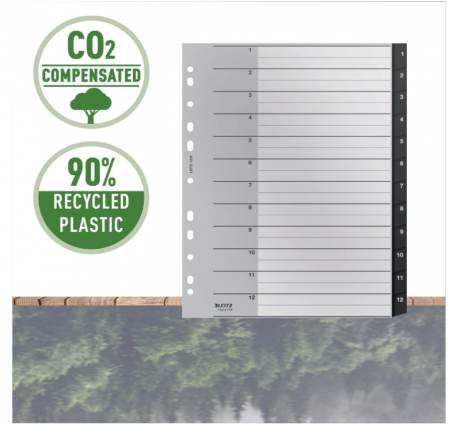 Separataore pentru mape Leitz Index, 1-12 file numerice, A4, din plastic reciclat 90%, 12090095, negru [2]
