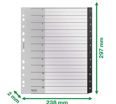 Separataore pentru mape Leitz Index, 1-12 file numerice, A4, din plastic reciclat 90%, 12090095, negru [4]