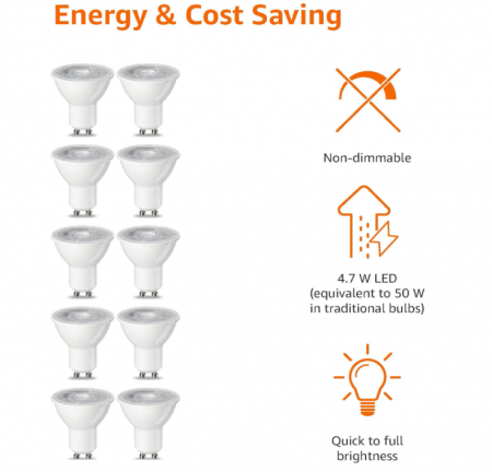 Set 10 becuri spot cu LED GU10 Amazon Basics,  4.7 W (echivalent cu 50 W), alb cald [4]