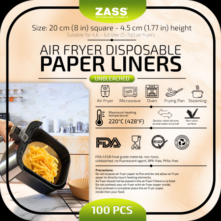 Accesorii - Set 100 buc Hartie de copt pentru friteuza cu aer cald airfryer ZASS ZPL 04, 20 cm, Maro, forma patrata, Maro