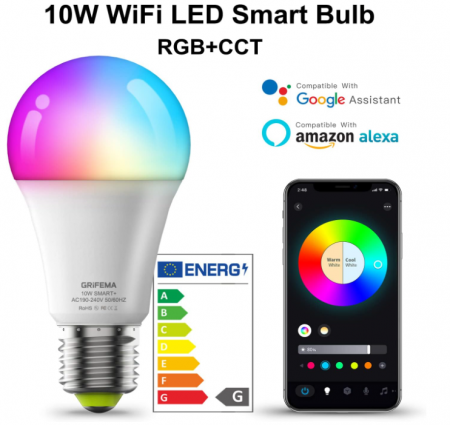 Set 2 becuri inteligente GRIFEMA E27, 10 W, 2700K-6500K, GD1003-2 [2]
