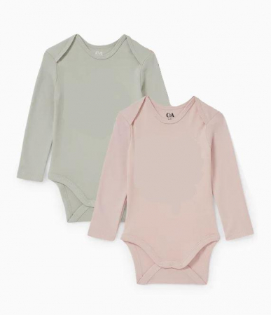 Imbracaminte si Incaltaminte copii - Set 2 body-uri pentru bebelusi C&A, roz/verde, marimea 62, 2-3 luni