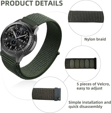 Set 2 curele de ceas din nailon Beifon, reglabile, 22 mm, negru + verde army [3]