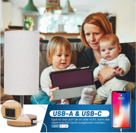 Set 2 lampi de noptiera LED Allesin, soclu bec E27, 2 porturi USB [5]