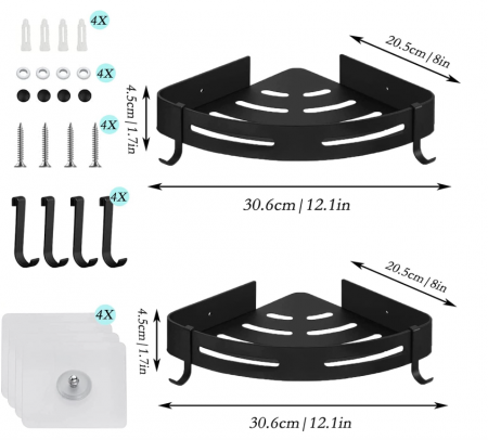 Set 2 rafturi colt baie Bituocs, cu 4 carlige, negru, din otel inoxidabil [2]
