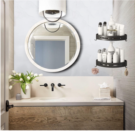 Set 2 rafturi colt baie Bituocs, cu 4 carlige, negru, din otel inoxidabil [6]